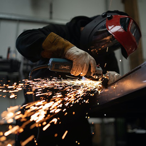 josh-beech-tXJhAFVOHVk-unsplash A man using a tool on metal and sparks are flying out.