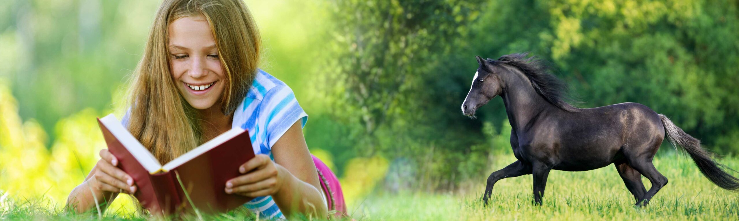 A child reading a book outdoors, imagining the horse "Black Beauty"